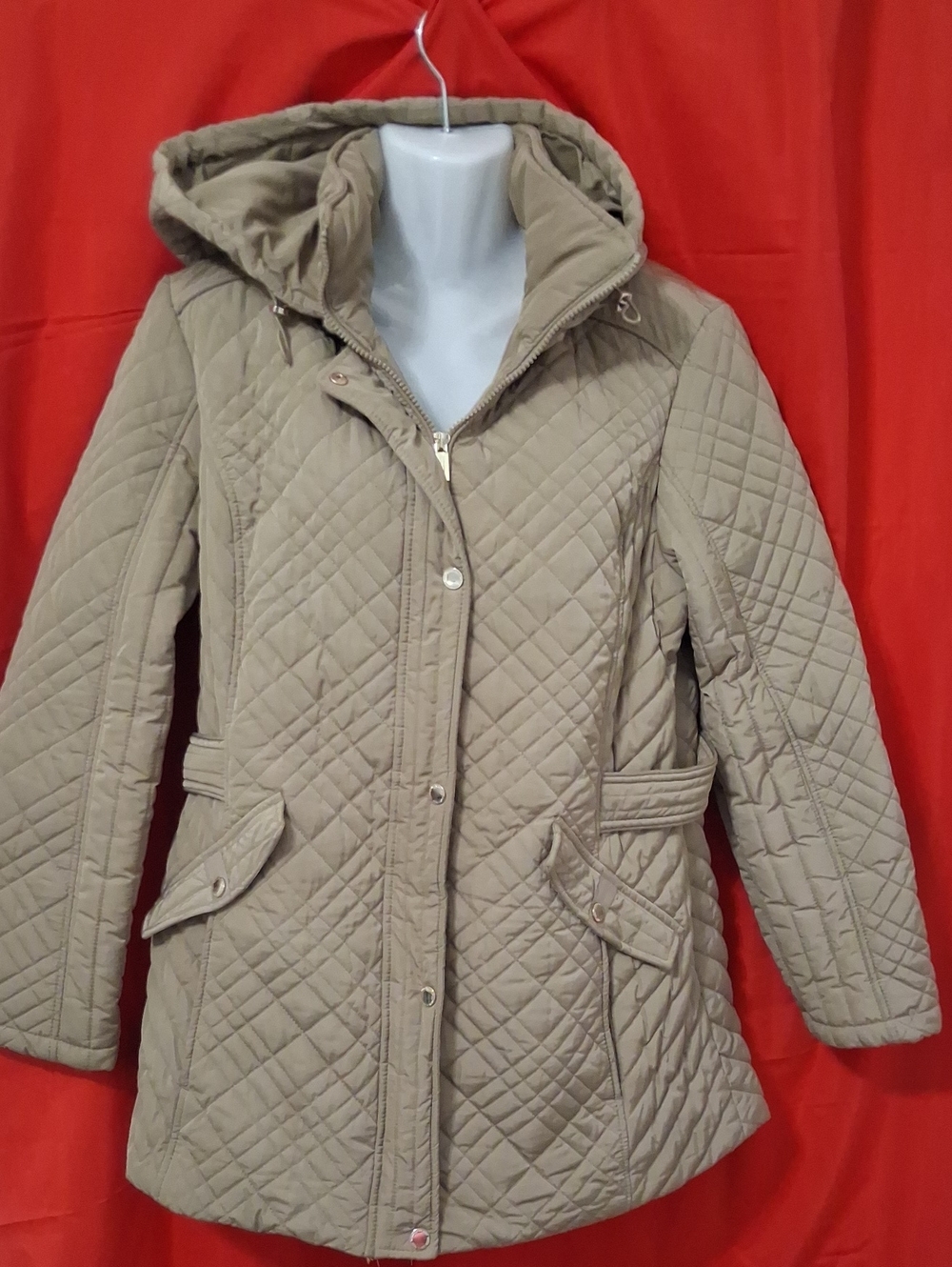 Jones New York Women's Quilted Hooded Coat in Taupe, Size Large
